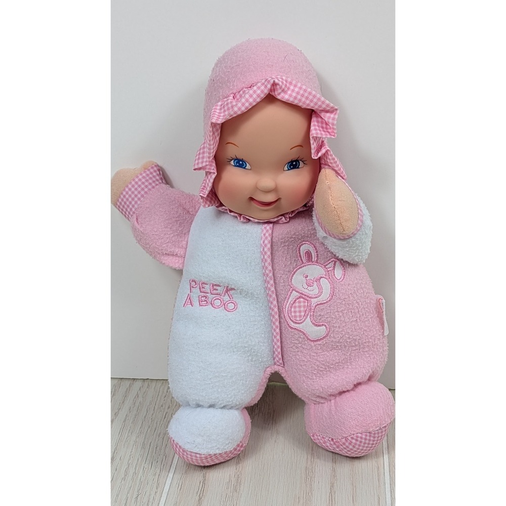 Baby's First Peek A Boo Soft Plush Fleece Doll Pink White Bunny Gingham Checked